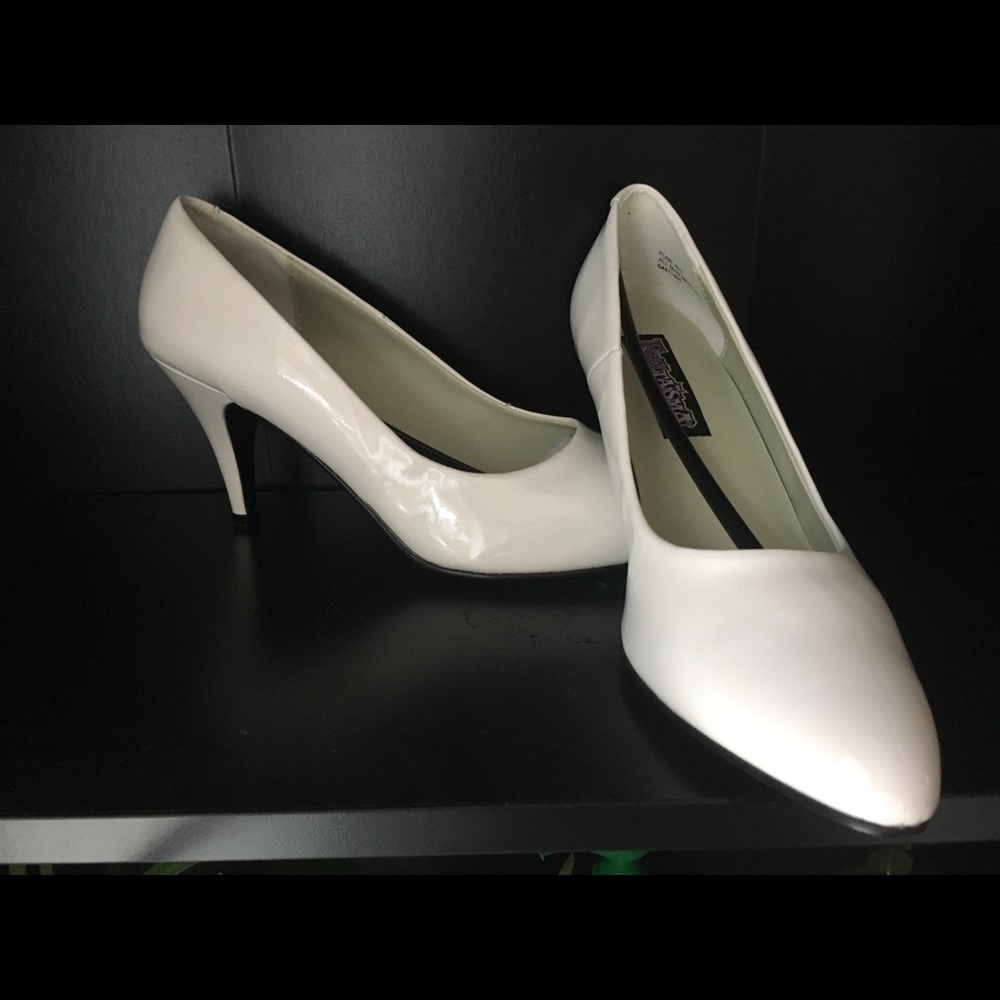 White patent leather heels